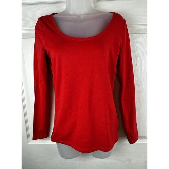 H&M Scooped Neck Top Long Sleeves Red M Casual Minimalist 50-08 - Picture 1 of 15